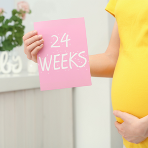 A cropped photo of 24 weeks pregnant Asian woman holding a card with the text 24 WEEKS near her belly A cropped photo of 24 weeks pregnant Asian woman holding a card with the text 24 WEEKS near her belly