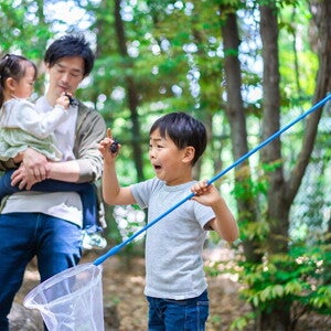Asian preschooler catches an insect at a park with his dad who's carrying his sister behind him